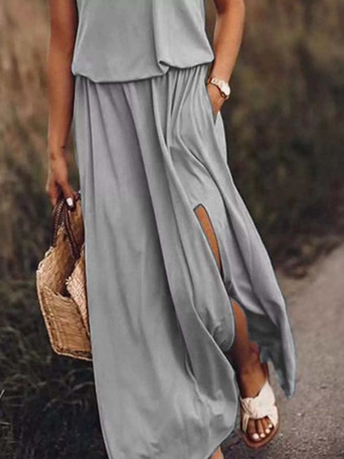Full Size Round Neck Sleeveless Slit Maxi Dress Plus Size - IntuitiveEncBoutique