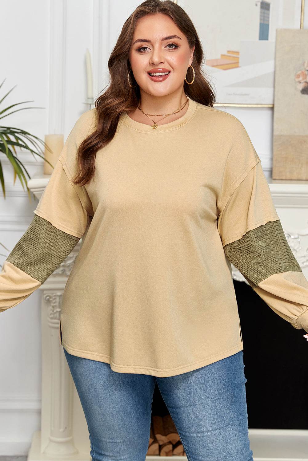 Laurel Green Exposed Seam Contrast Texture Patchwork Plus Size Drop Shoulder Pullover - IntuitiveEncBoutique