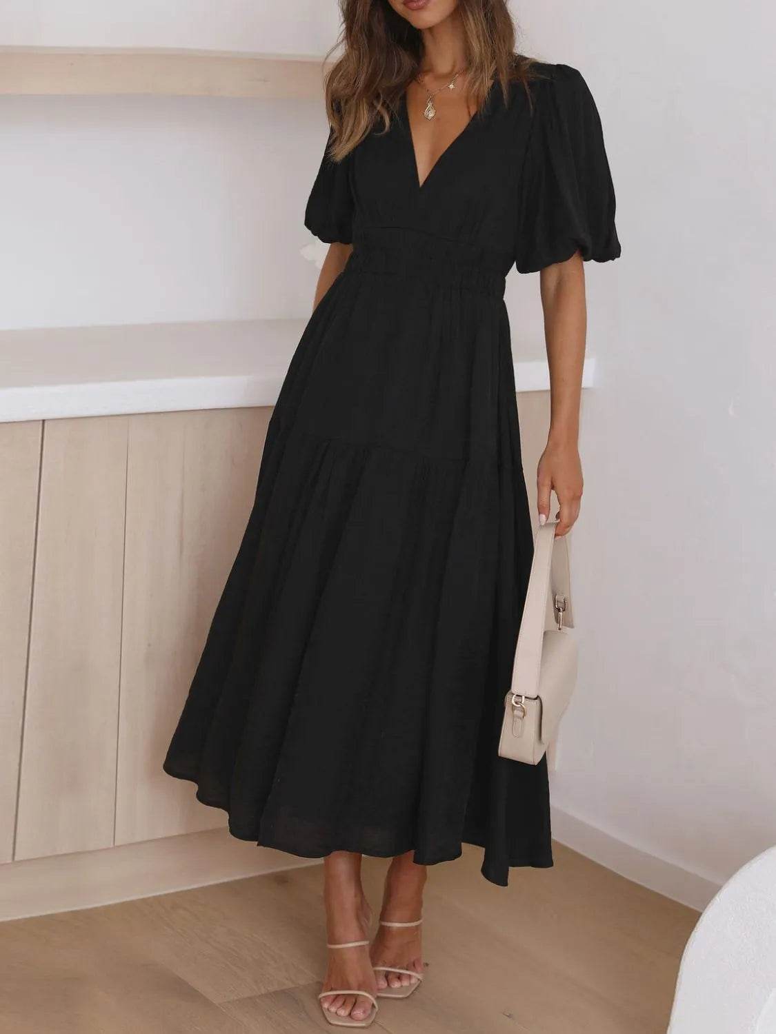 V-Neck Puff Sleeve Midi Dress - IntuitiveEncBoutique