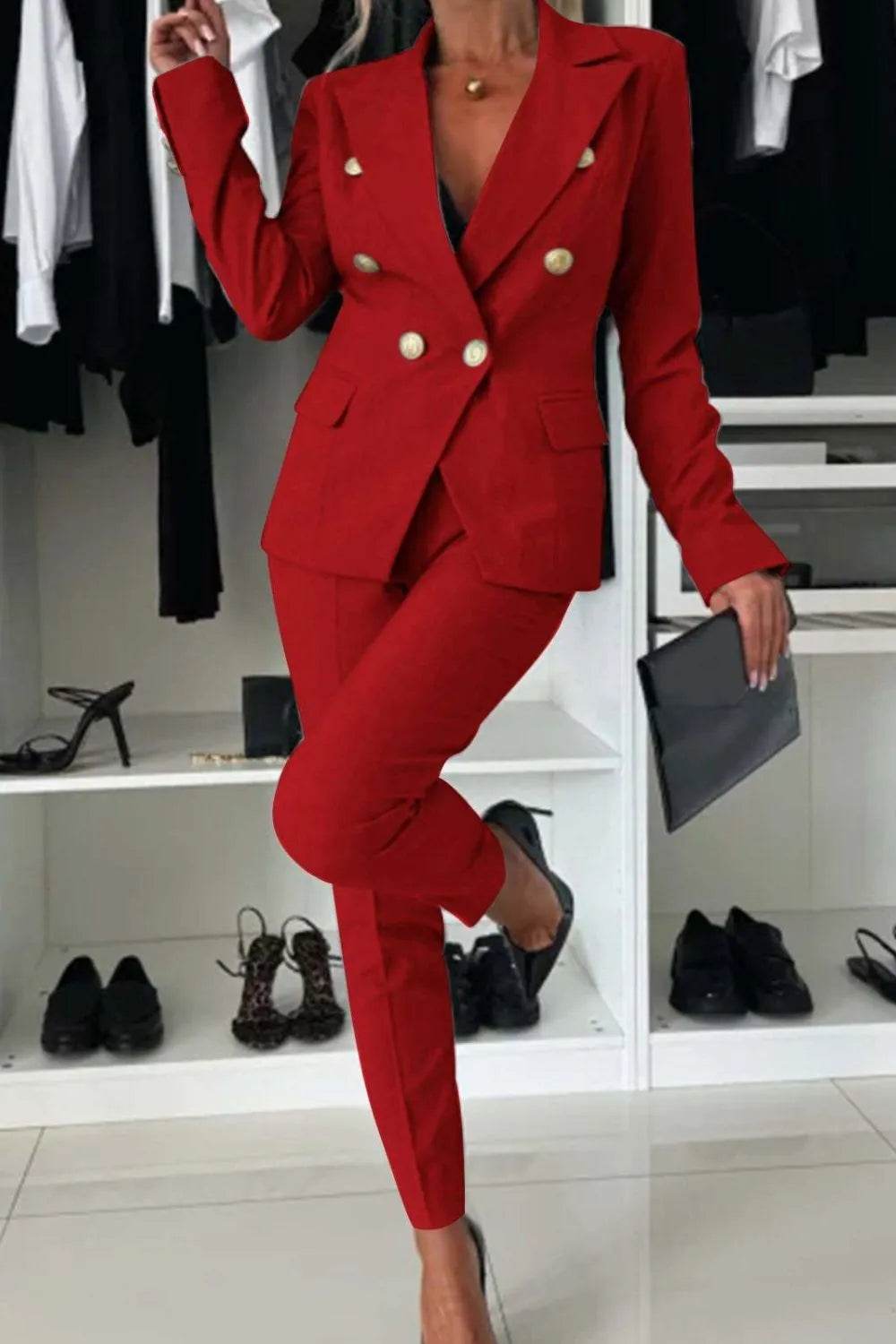 Full Size Lapel Collar Long Sleeve Blazer and Pants Set Plus Size - IntuitiveEncBoutique