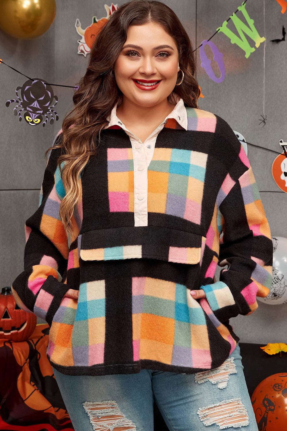 Black Plus Size Checkered Print Sherpa Henley Sweatshirt - IntuitiveEncBoutique