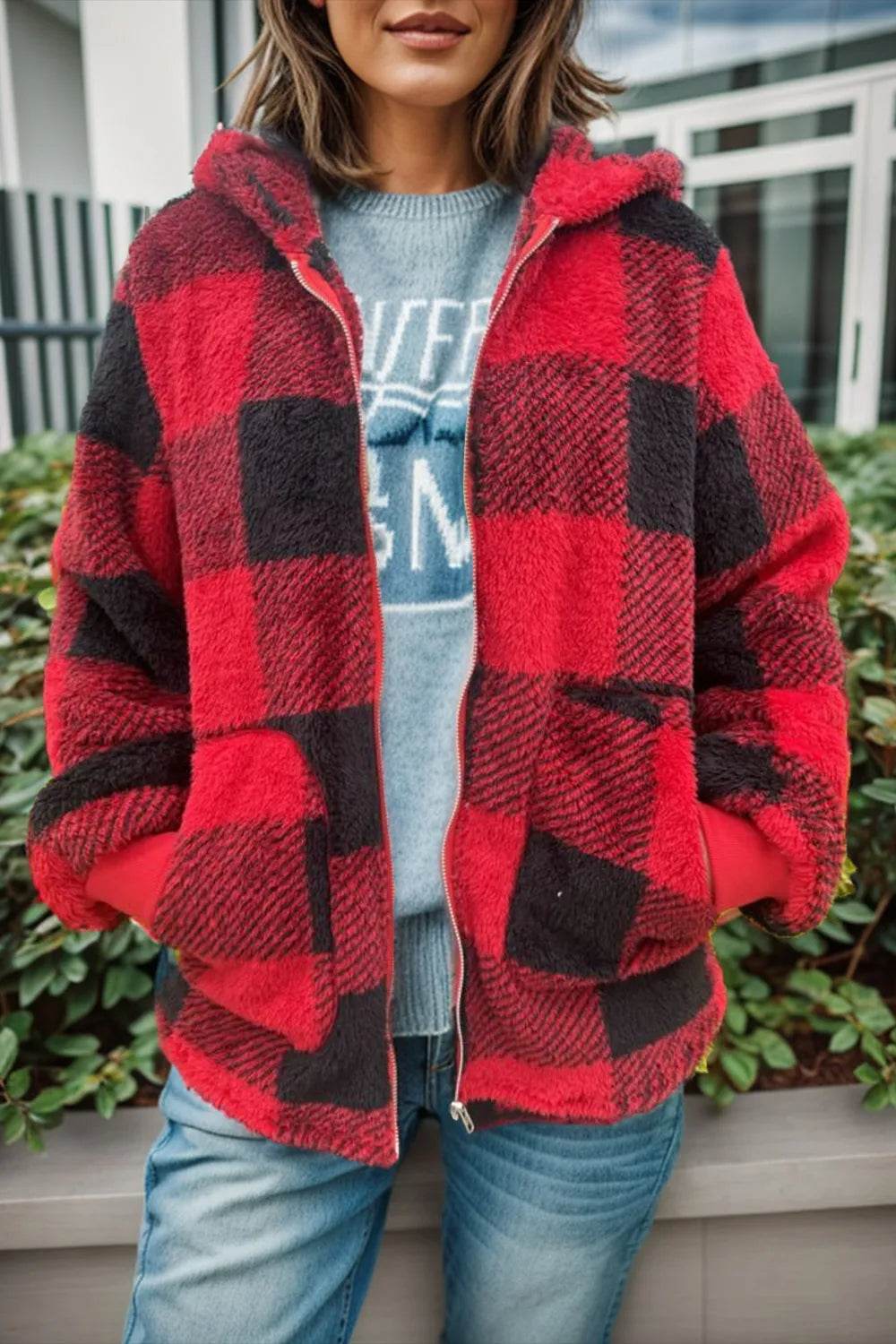 Double Take Full Size Plaid Long Sleeve Hooded Coat - IntuitiveEncBoutique