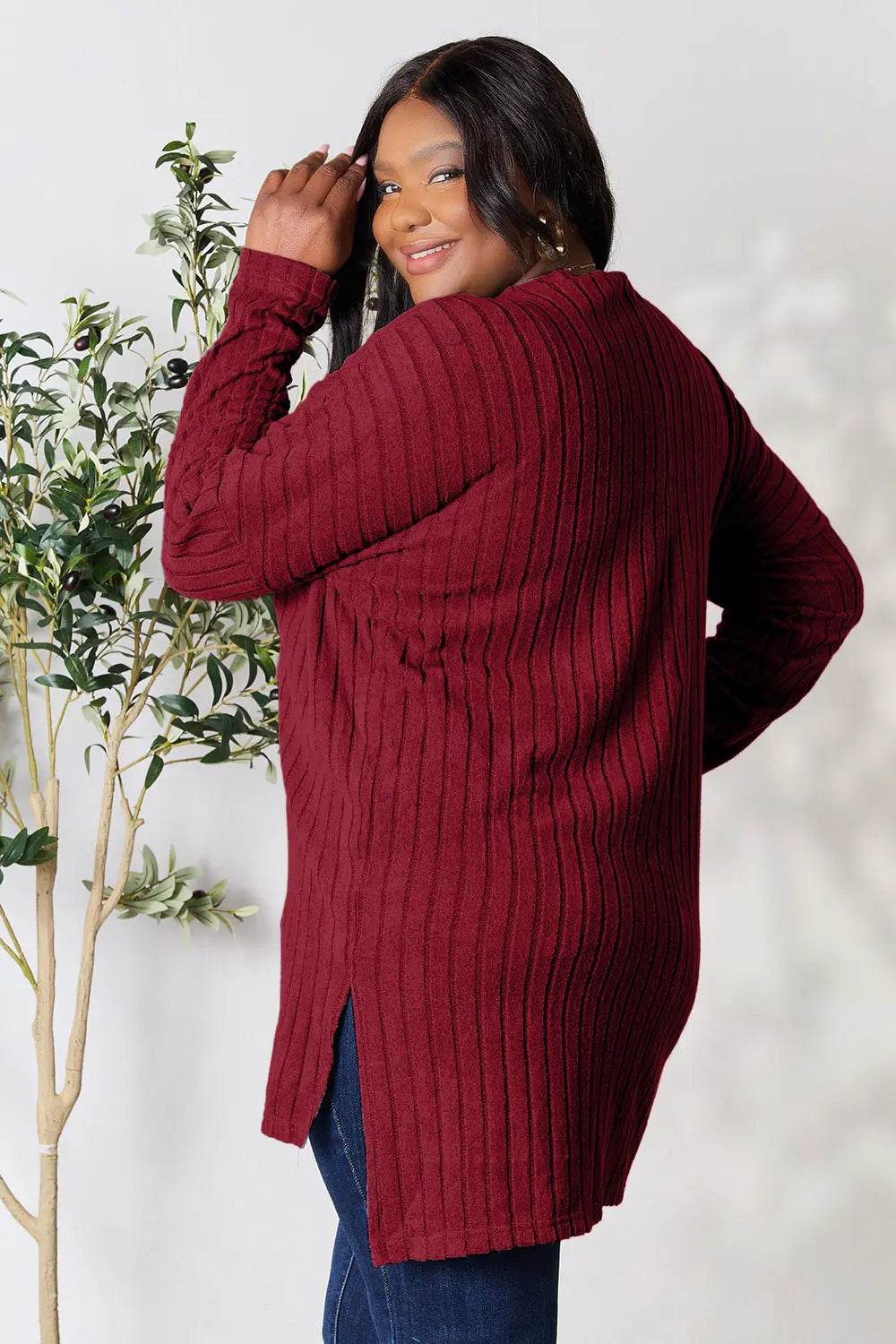 Basic Bae Full Size Ribbed Round Neck Long Sleeve Slit Top - IntuitiveEncBoutique