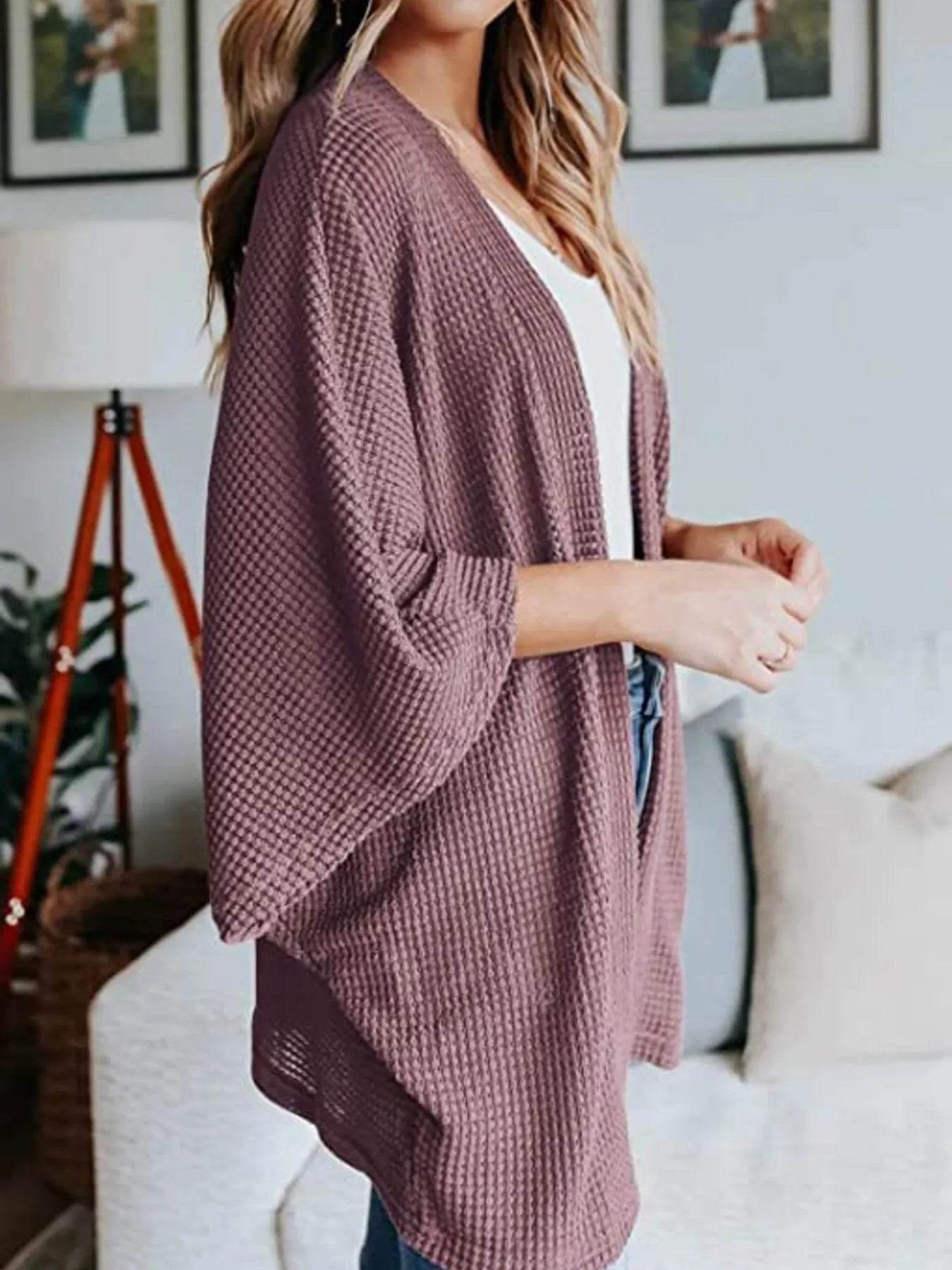 Full Size Open Front Waffle Knit Cardigan Plus Size - IntuitiveEncBoutique
