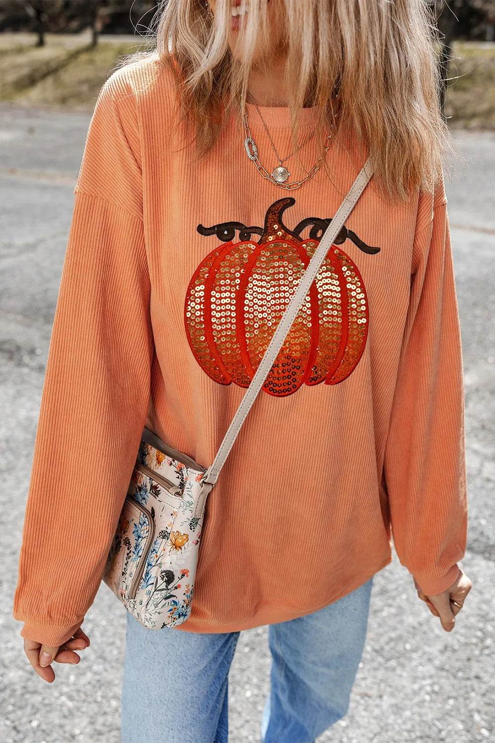 Sequin Pumpkin Round Neck Long Sleeve Sweatshirt - IntuitiveEncBoutique