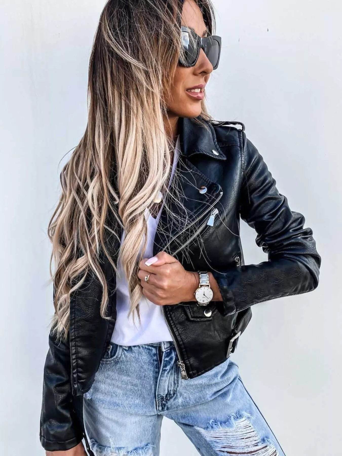 Full Size Zip Up Leather Motorcycle Biker Jacket Plus Size - IntuitiveEncBoutique