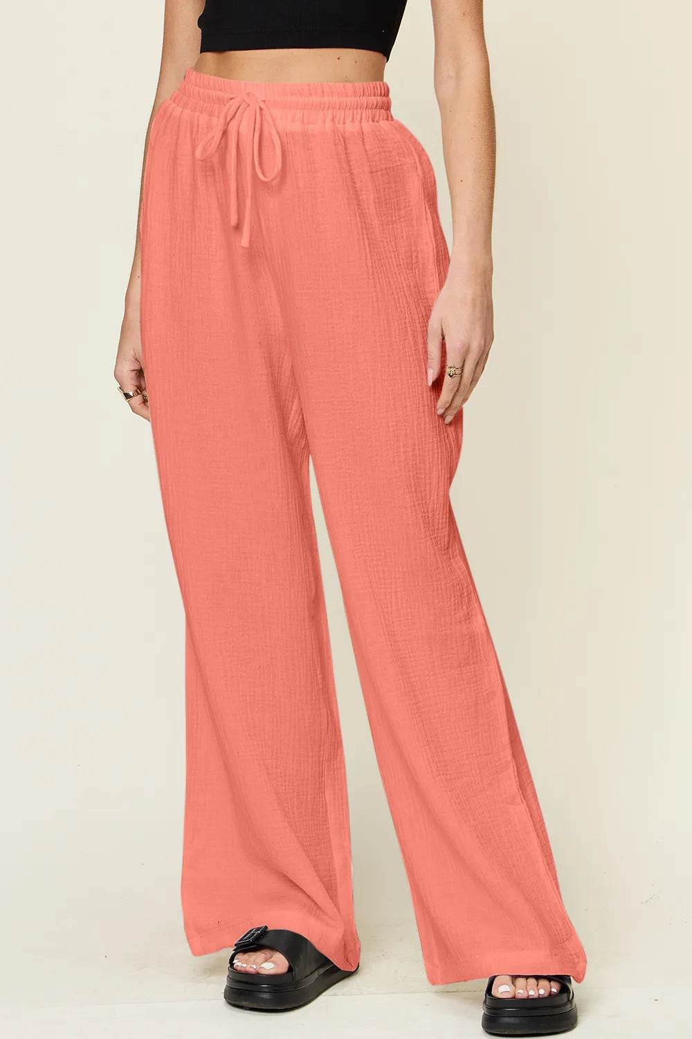 Double Take Full Size Texture Drawstring Wide Leg Pants - IntuitiveEncBoutique