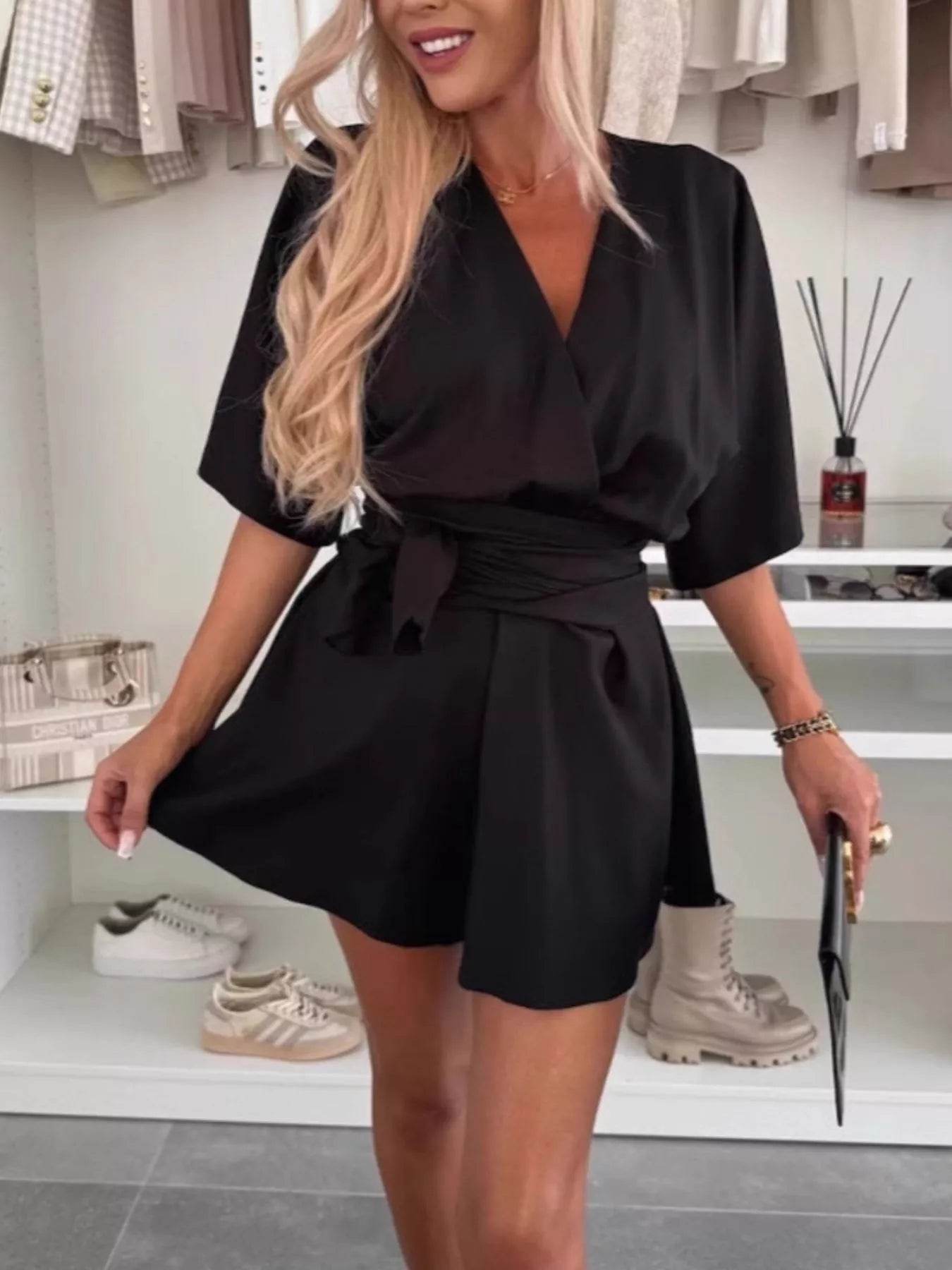 Full Size Surplice Tie Waist Romper Plus Size - IntuitiveEncBoutique
