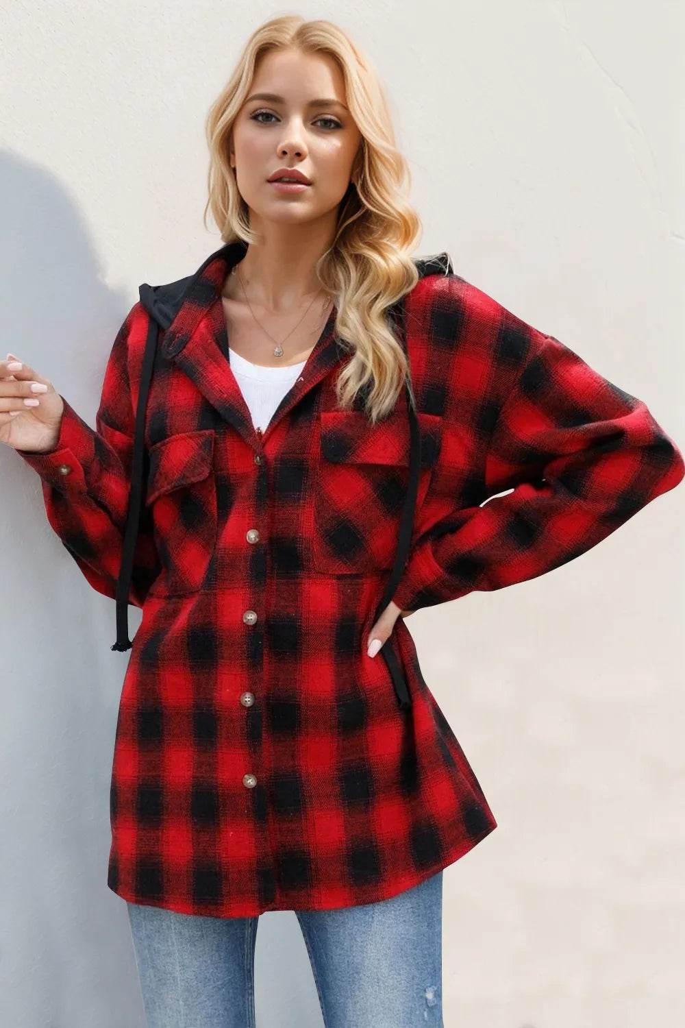 Double Take Drawstring Plaid Long Sleeve Hooded Shacket - IntuitiveEncBoutique