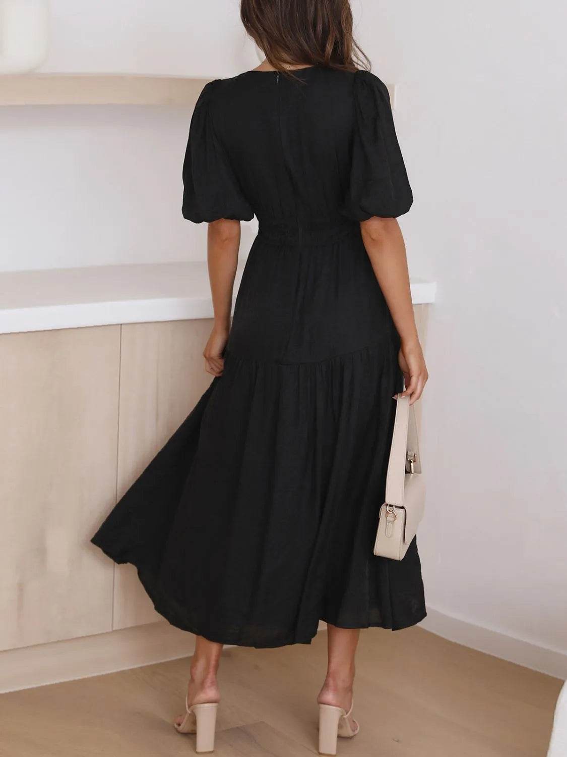 V-Neck Puff Sleeve Midi Dress - IntuitiveEncBoutique