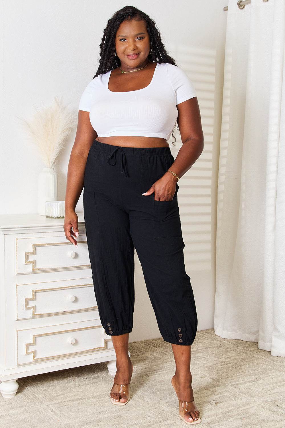 Shiny Decorative Button Cropped Pants - IntuitiveEncBoutique