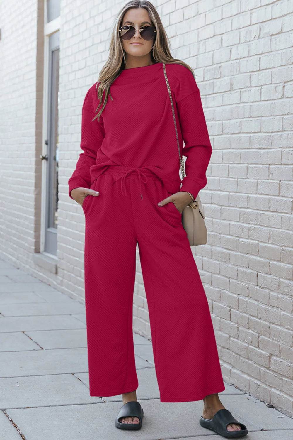 Double Take Full Size Textured Long Sleeve Top and Drawstring Pants Set - IntuitiveEncBoutique