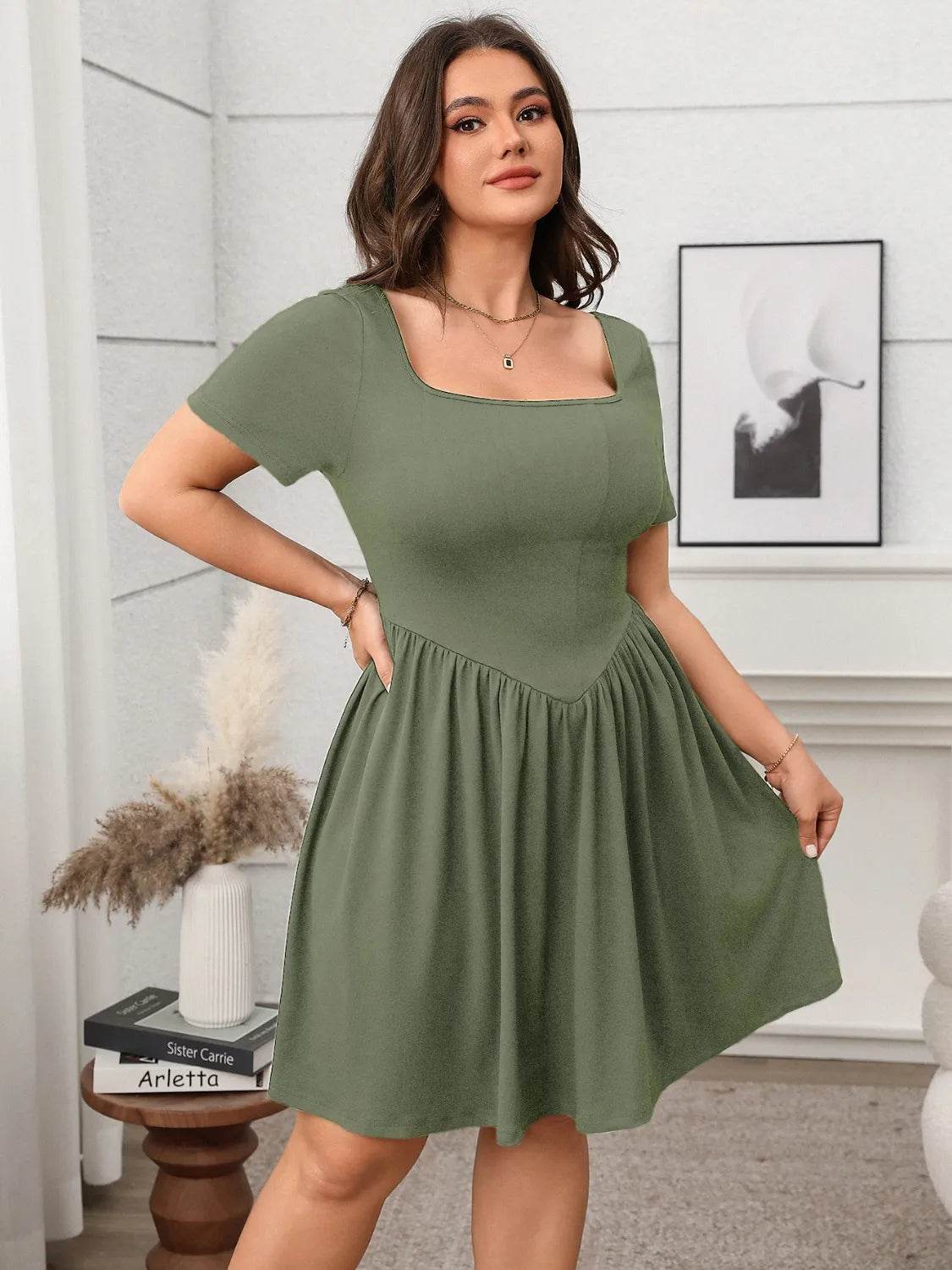 Plus Size Square Neck Short Sleeve Mini Dress - IntuitiveEncBoutique