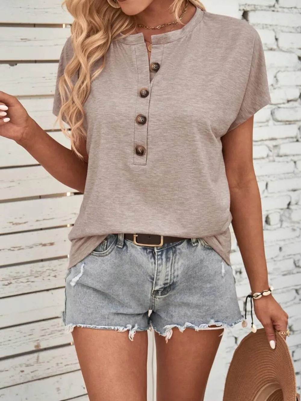 Half Button Short Sleeve Top - IntuitiveEncBoutique