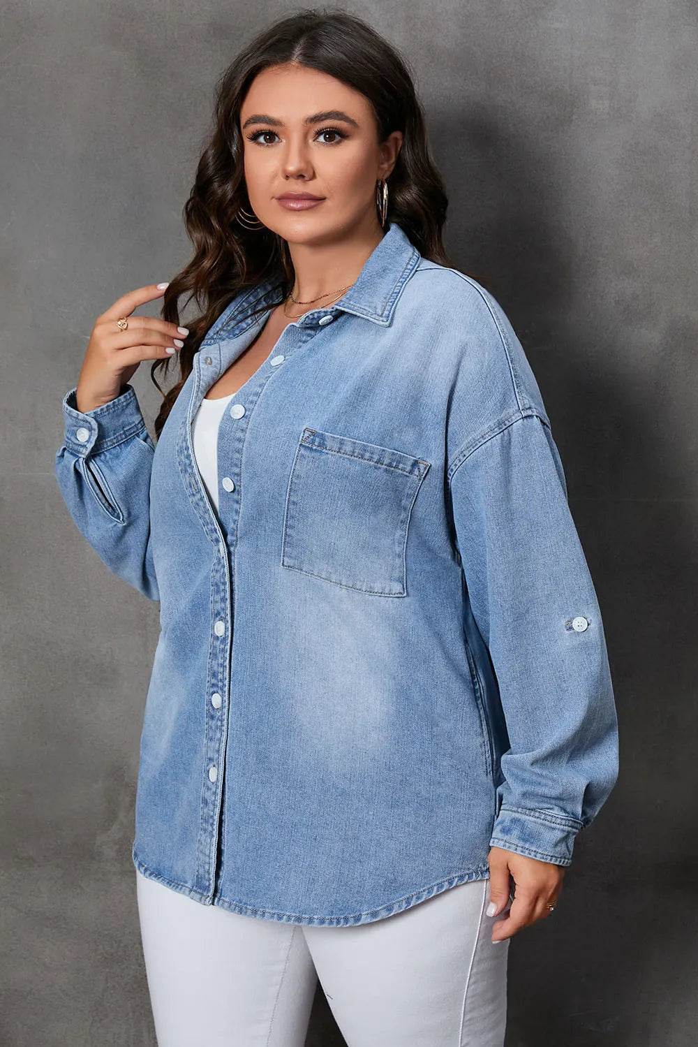 Plus Size Button Up Pocketed Denim Top - IntuitiveEncBoutique