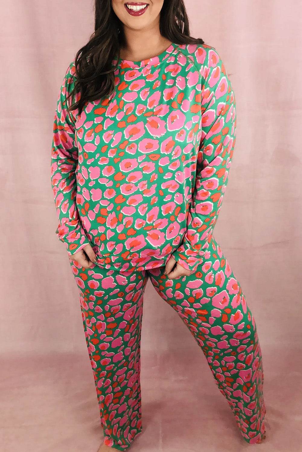 Green Plus Size Printed Long Sleeve and Pants Lounge Set - IntuitiveEncBoutique