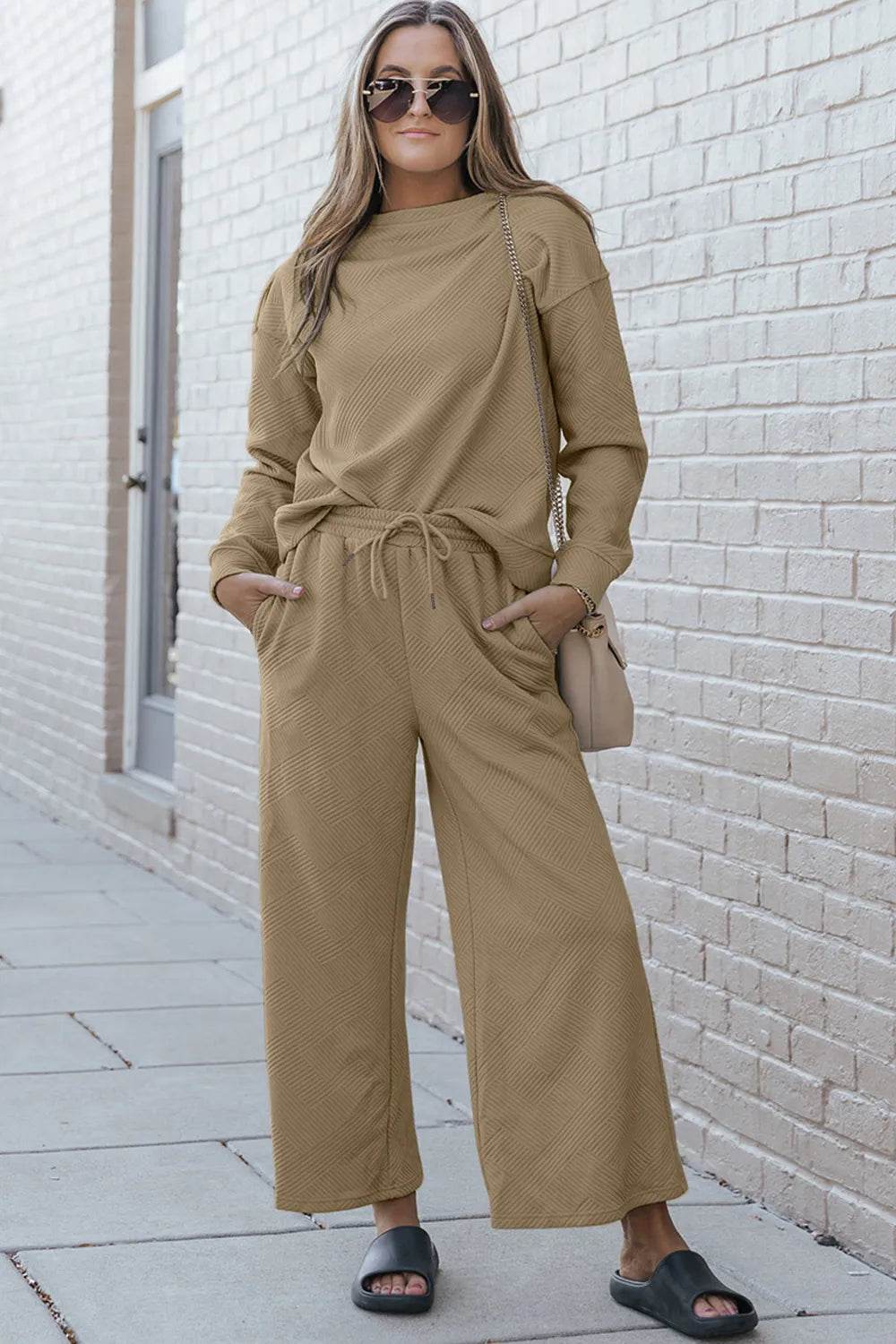 Double Take Full Size Textured Long Sleeve Top and Drawstring Pants Set - IntuitiveEncBoutique