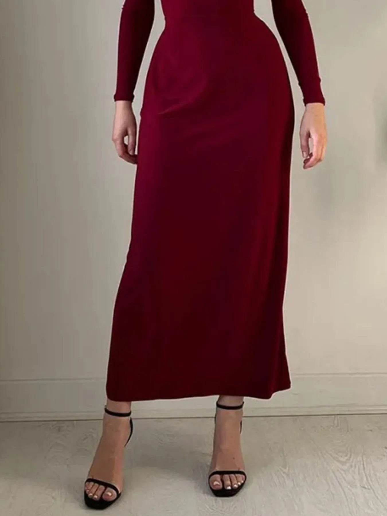 Full Size Tied Long Sleeve Bodycon Midi Dress Plus Size - IntuitiveEncBoutique