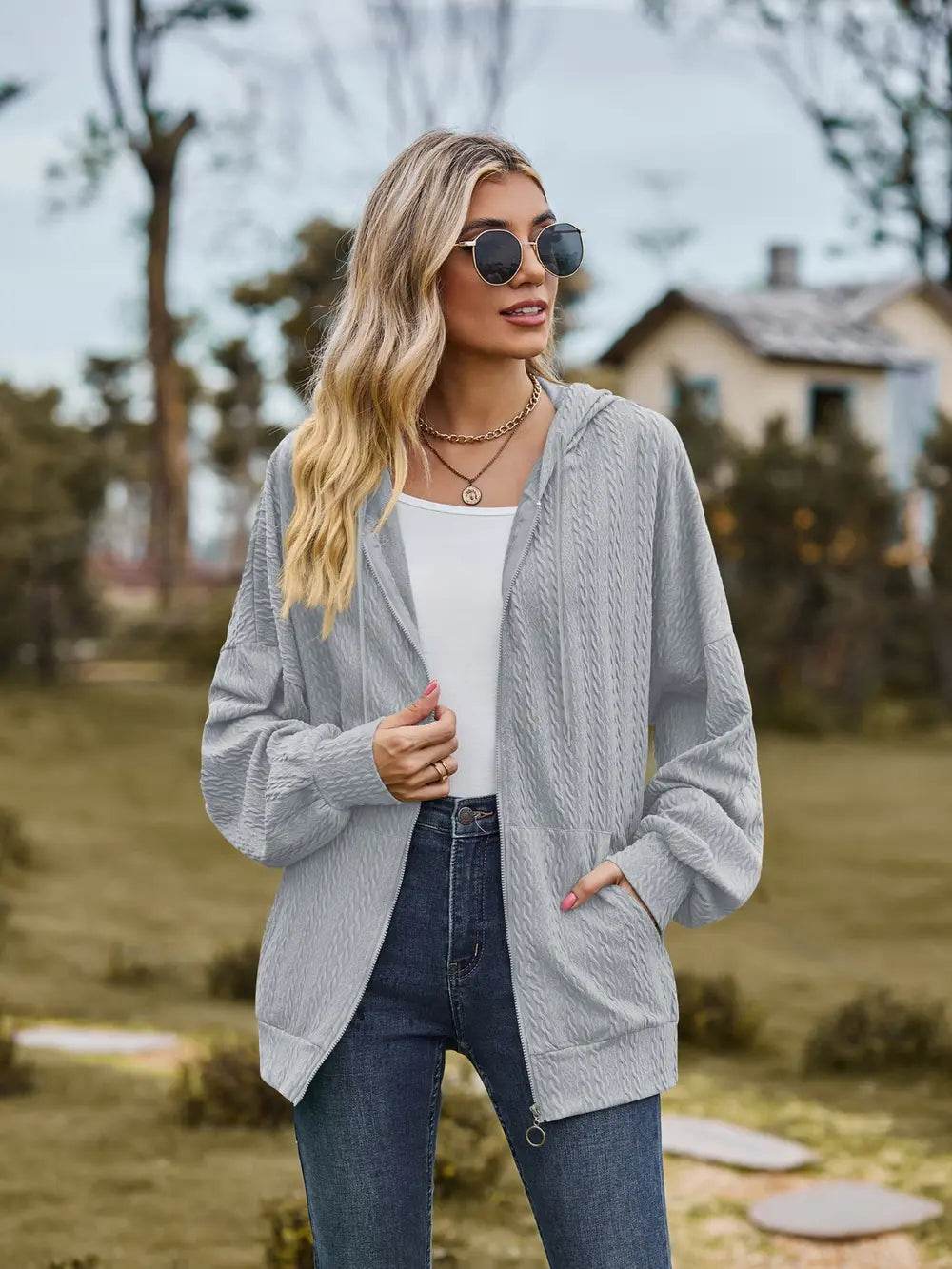 Zip Up Drawstring Long Sleeve Hooded Jacket - IntuitiveEncBoutique