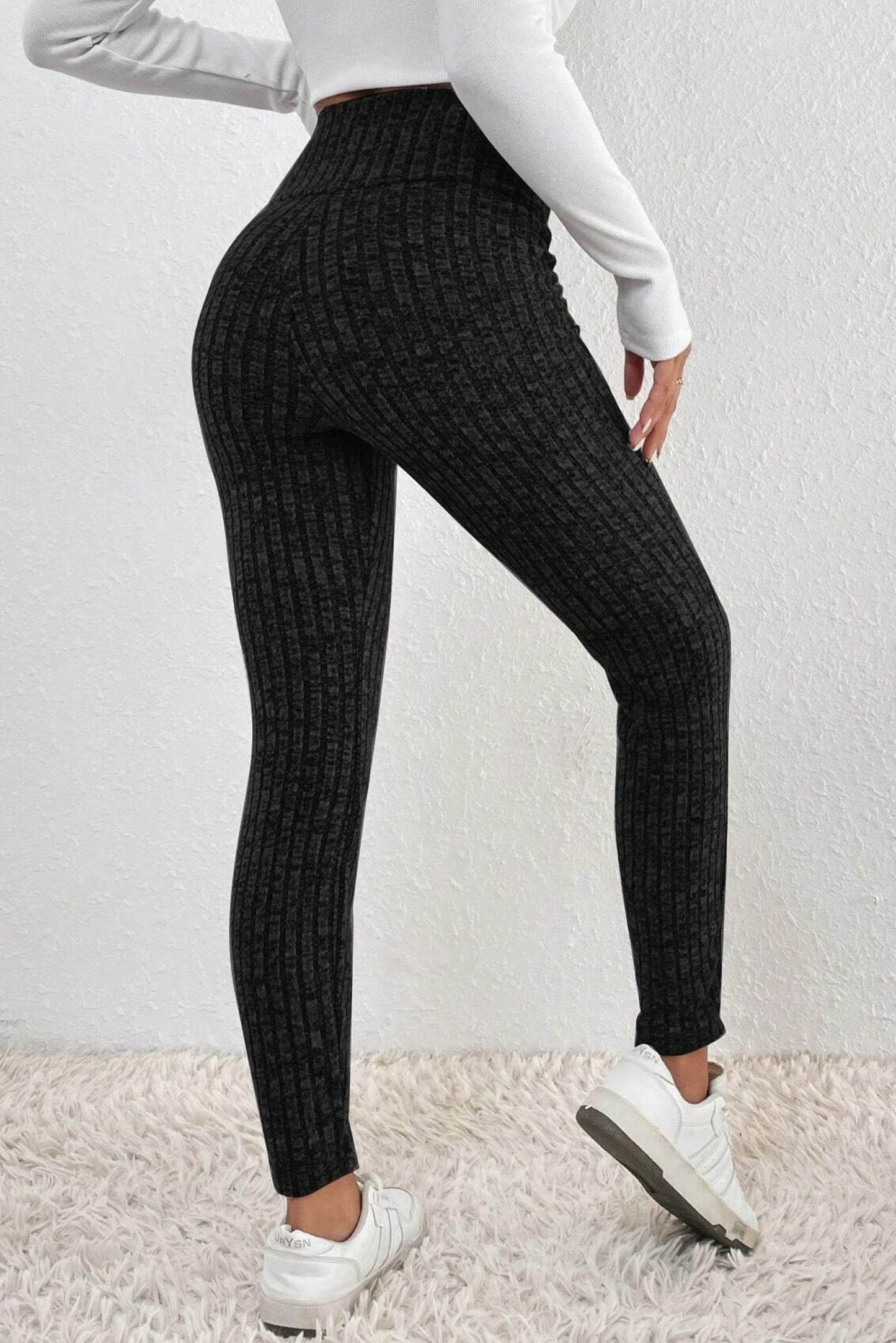 Dark Grey Wide Waistband Ribbed Textured Knit Leggings - IntuitiveEncBoutique