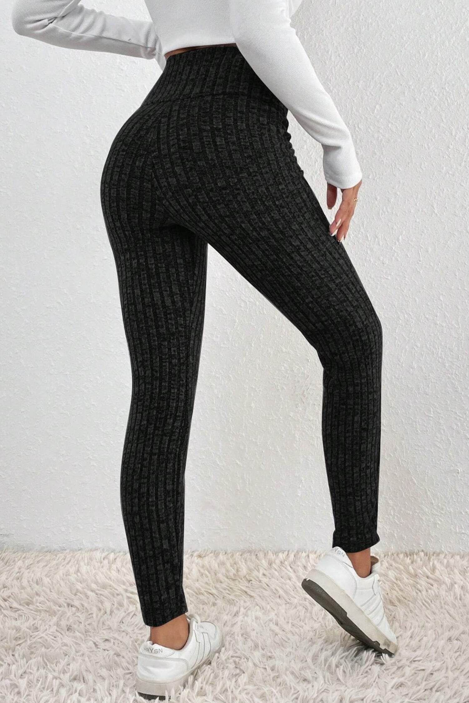 Dark Grey Wide Waistband Ribbed Textured Knit Leggings - IntuitiveEncBoutique