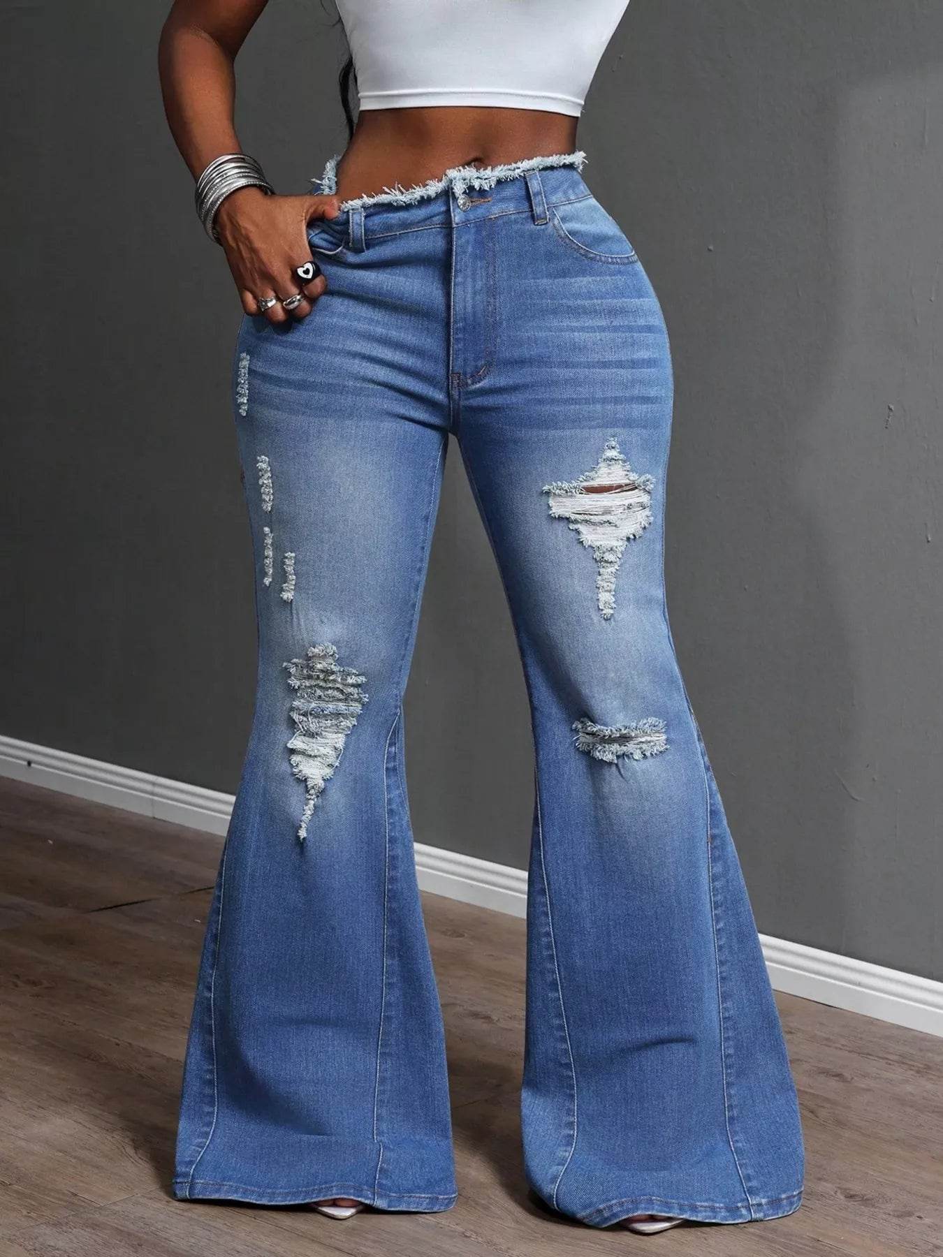 High Waisted Distressed Flare Jeans - IntuitiveEncBoutique