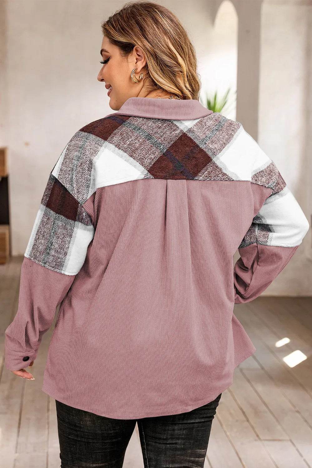 Plus Size Plaid Snap Down Jacket with Pockets - IntuitiveEncBoutique
