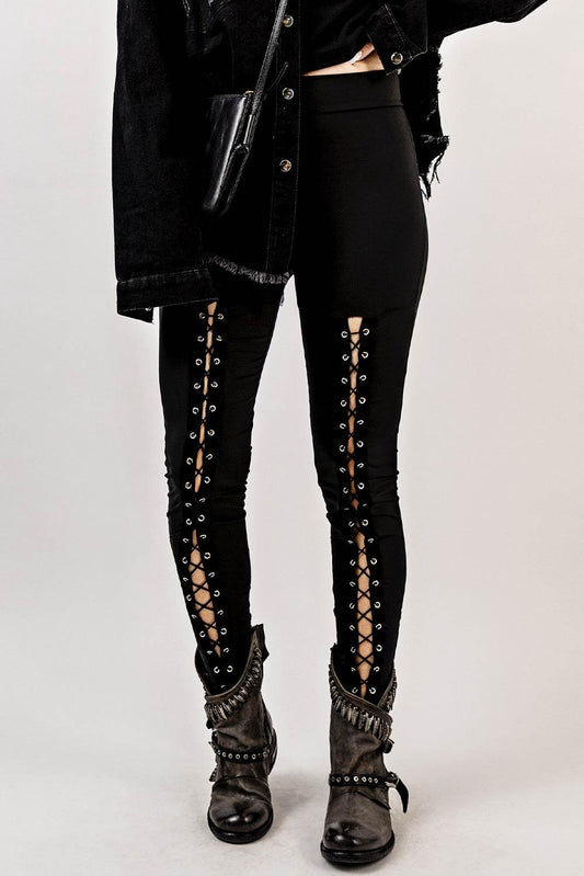 Black Grommet Lace Up Front Leggings - IntuitiveEncBoutique