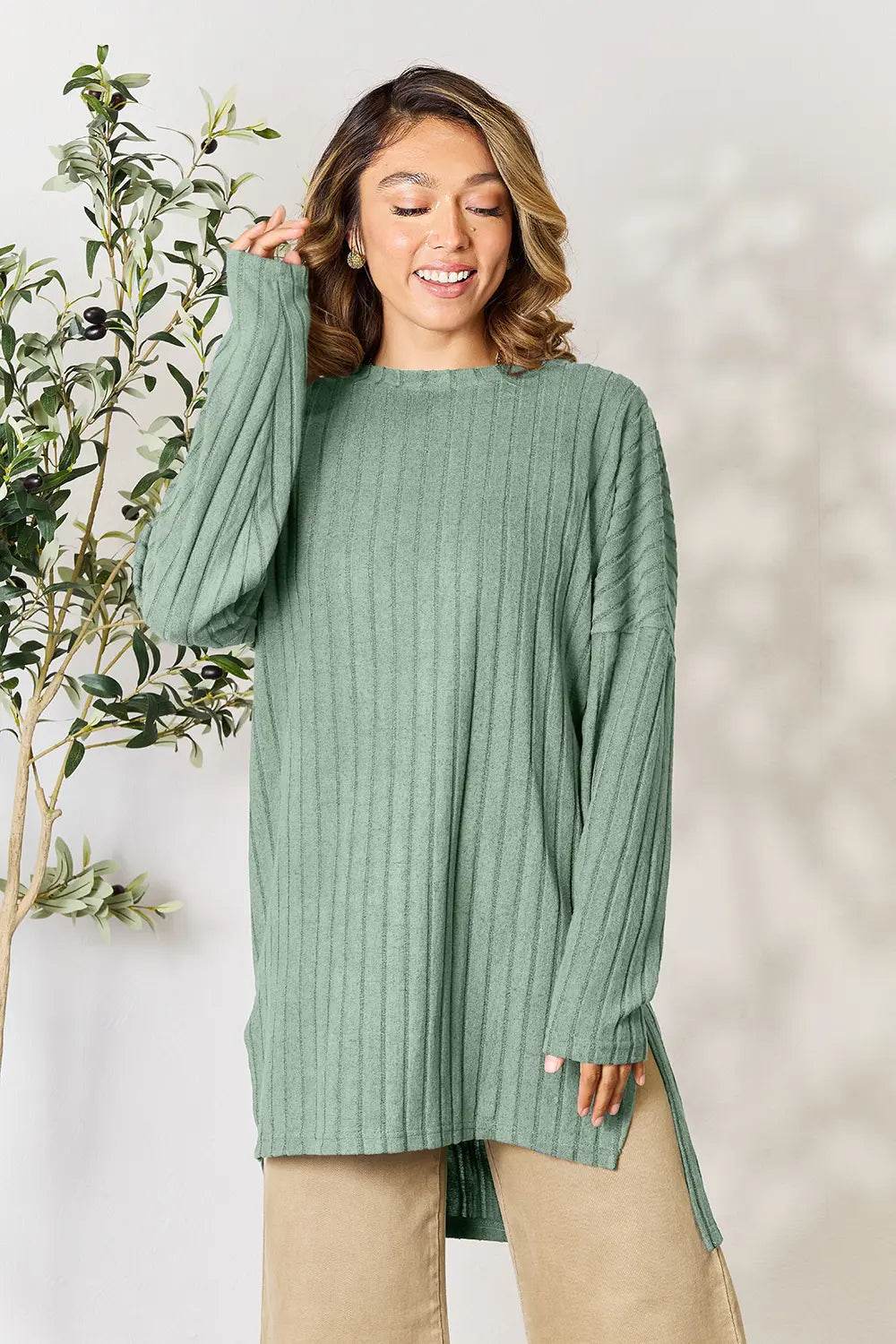 Basic Bae Full Size Ribbed Round Neck Long Sleeve Slit Top - IntuitiveEncBoutique