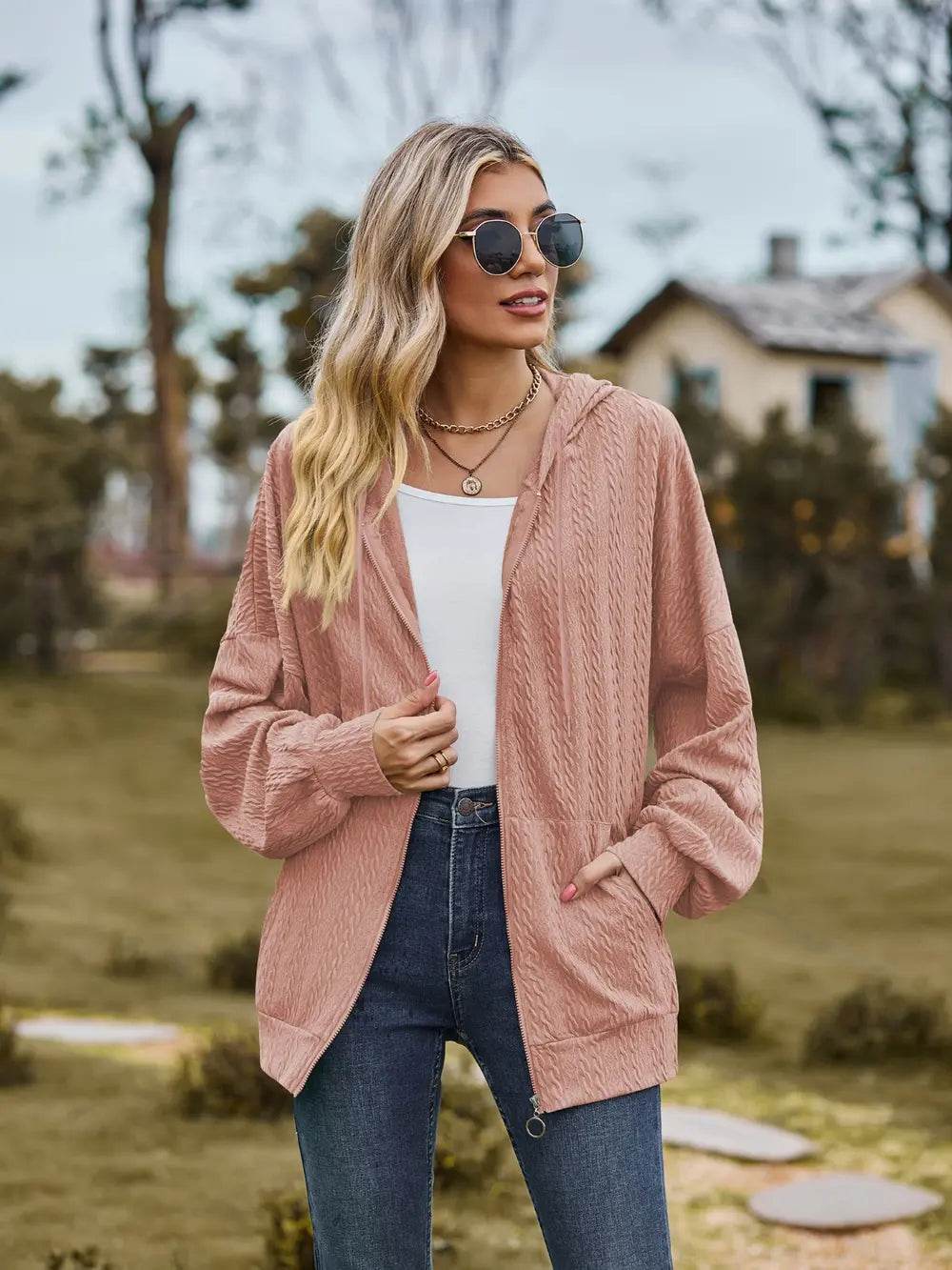 Zip Up Drawstring Long Sleeve Hooded Jacket - IntuitiveEncBoutique
