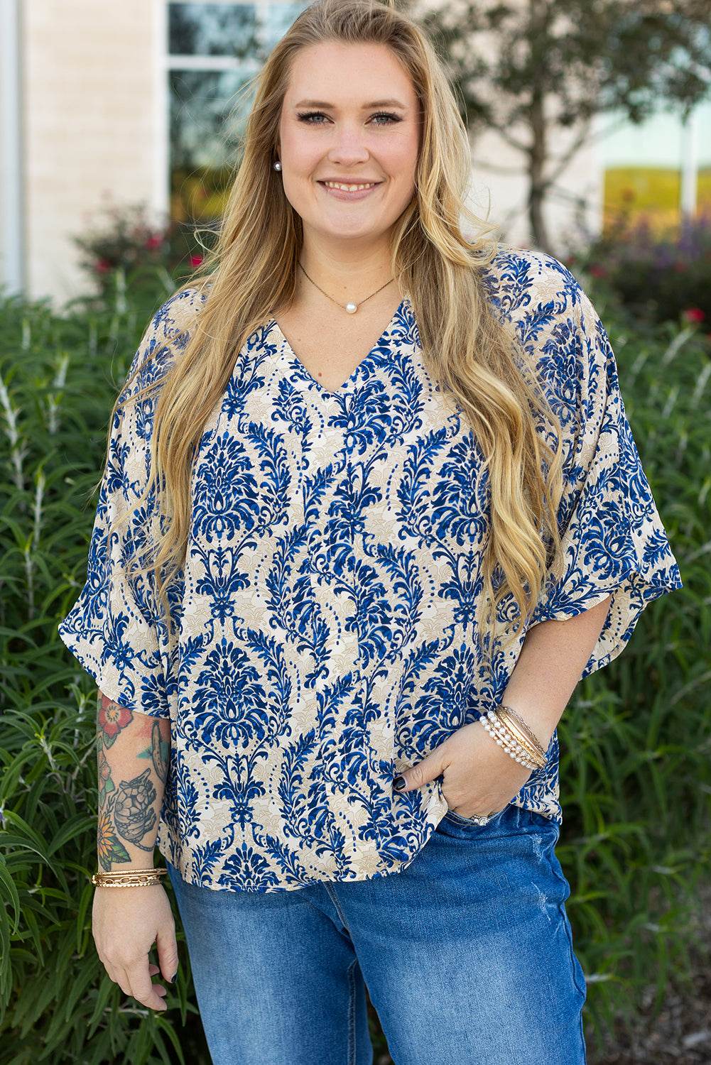Blue Plus Size Ethnic Printed 3/4 Sleeve V Neck Loose Blouse - IntuitiveEncBoutique