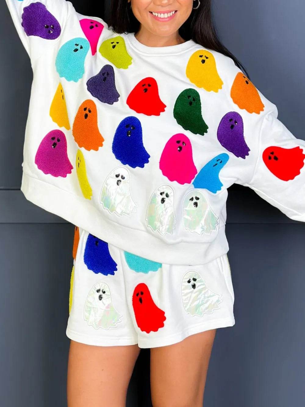 Ghost Printed Round Neck Long Sleeve Top and Shorts Set - IntuitiveEncBoutique