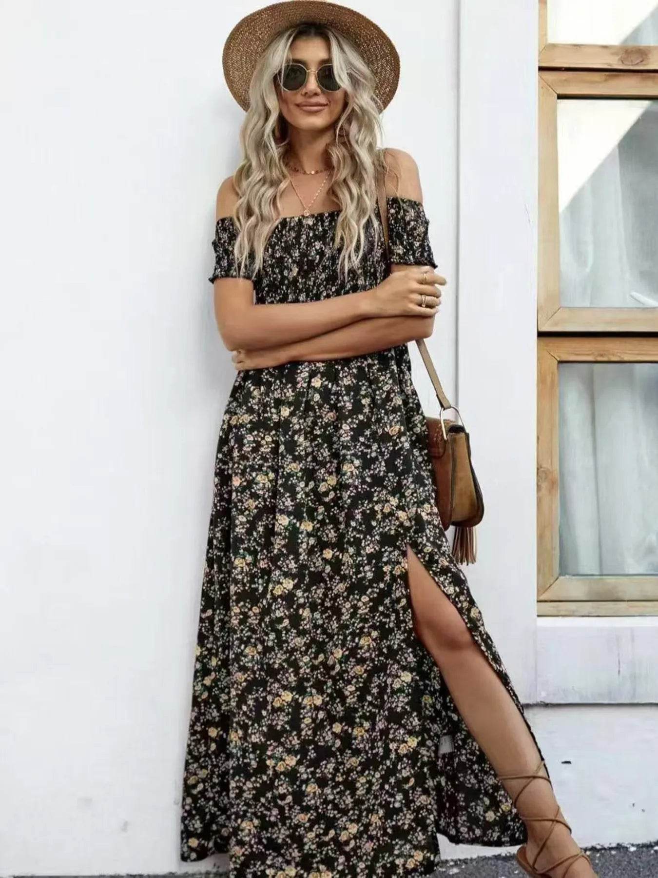 Full Size Slit Off-Shoulder Floral Midi Dress Plus Size - IntuitiveEncBoutique