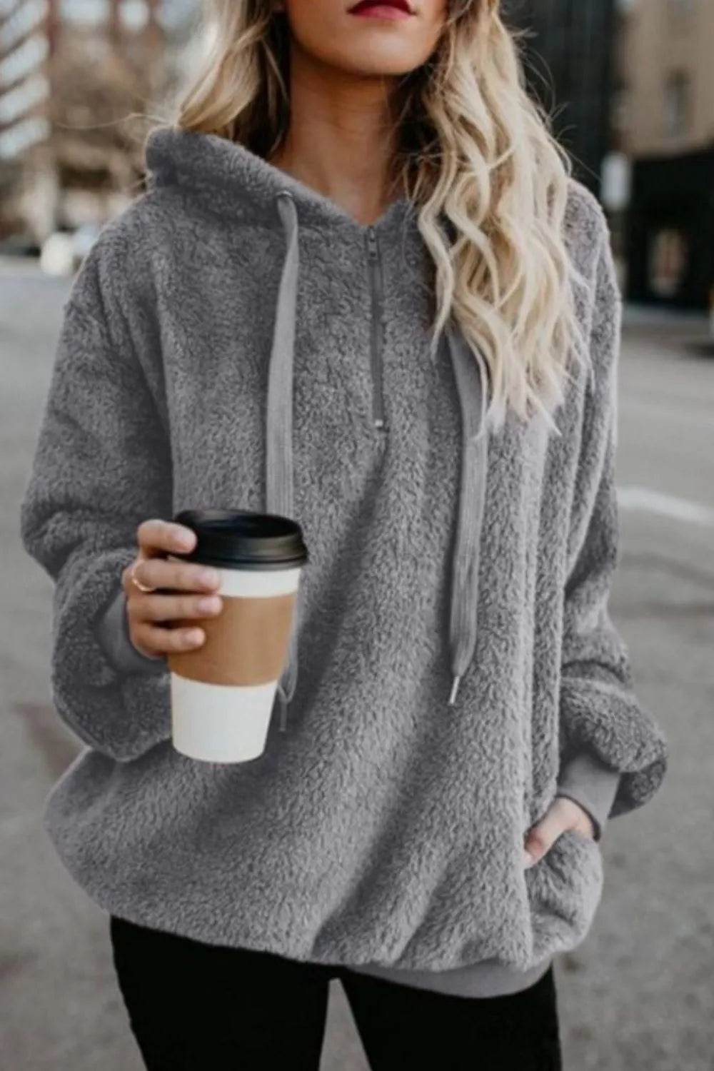 Full Size Quarter-Zip Drawstring Teddy Hoodie - IntuitiveEncBoutique