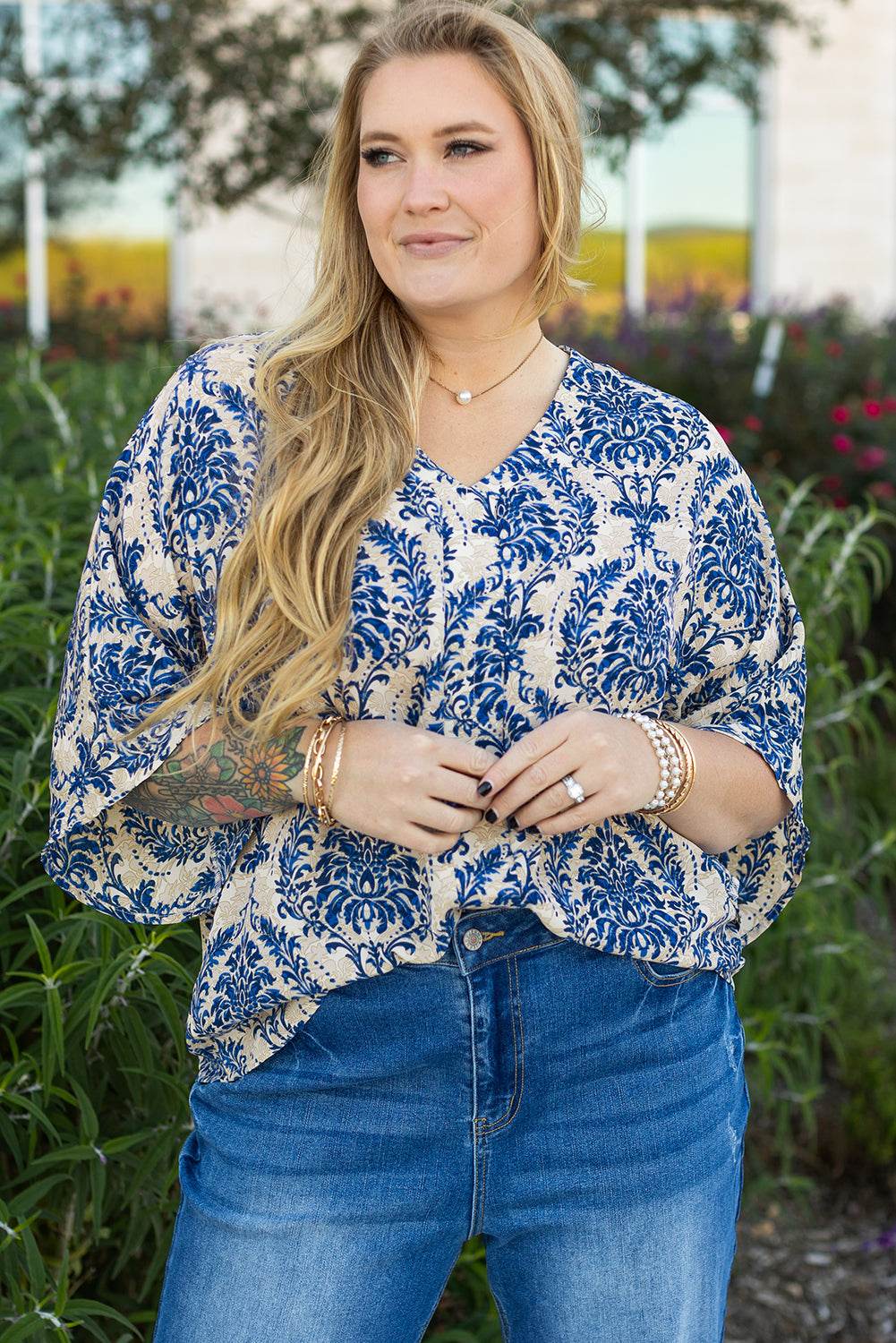 Blue Plus Size Ethnic Printed 3/4 Sleeve V Neck Loose Blouse - IntuitiveEncBoutique