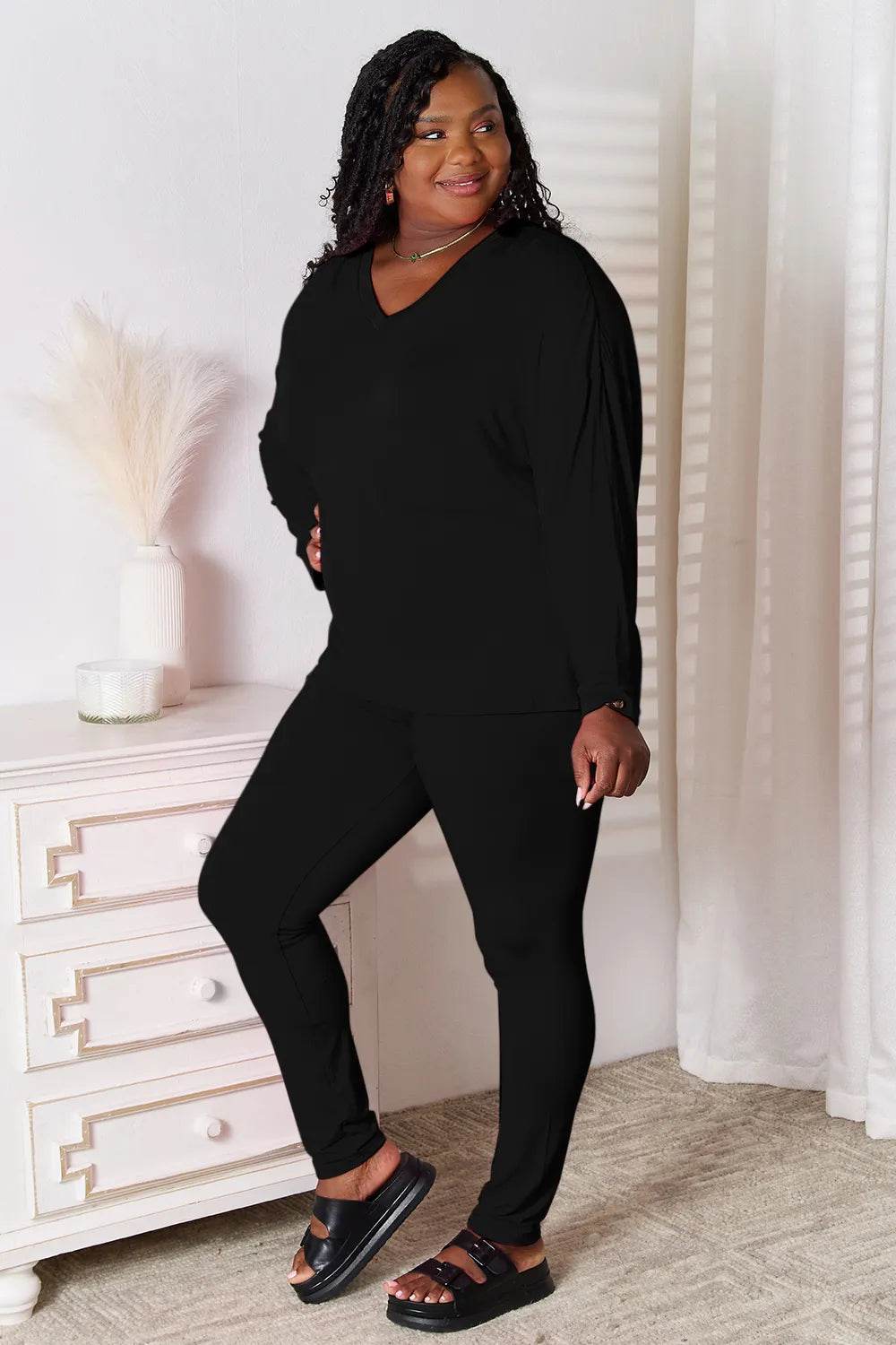 Basic Bae Bamboo Full Size V-Neck Long Sleeve Top and Pants Lounge Set - IntuitiveEncBoutique