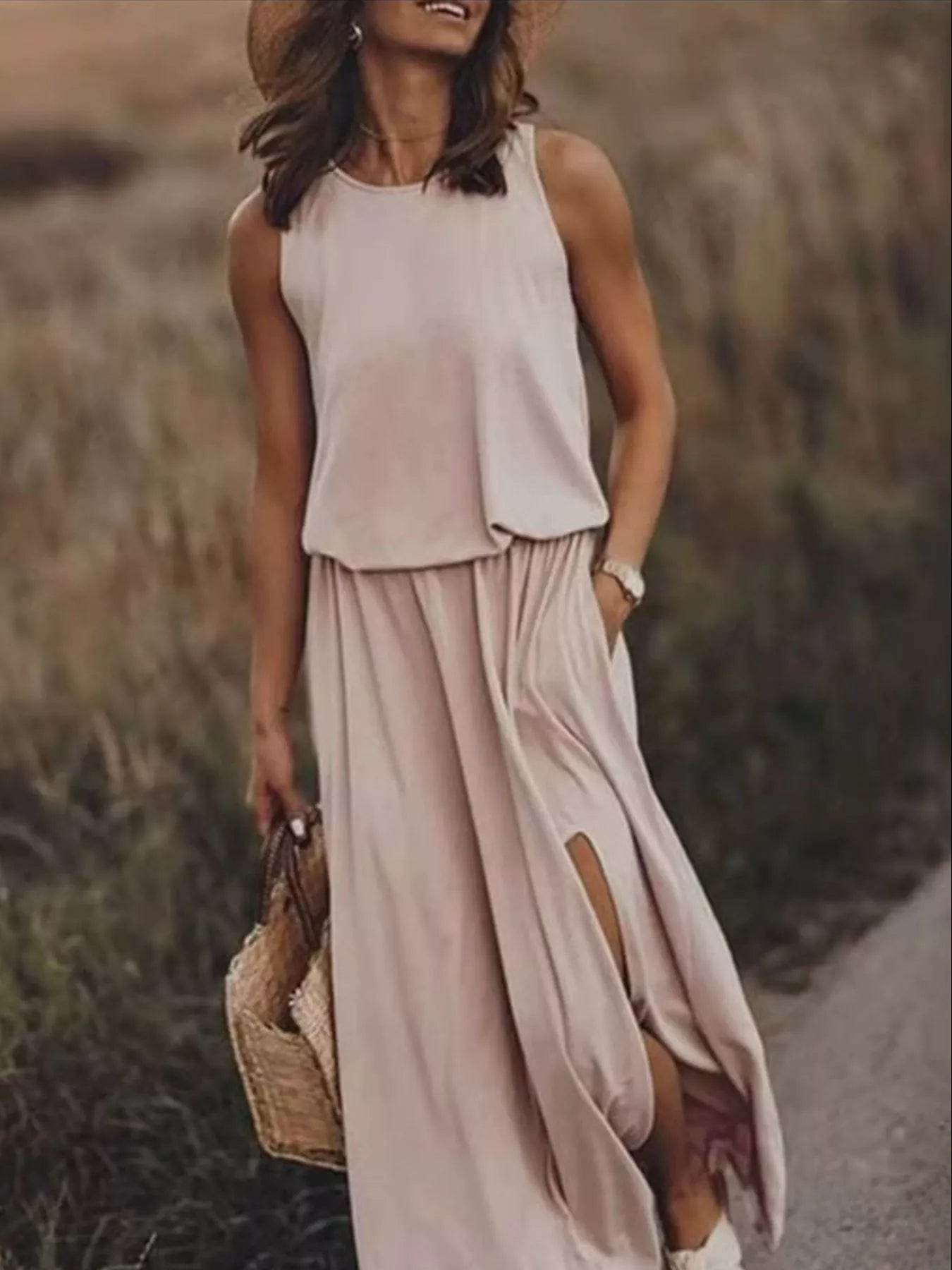 Full Size Round Neck Sleeveless Slit Maxi Dress Plus Size - IntuitiveEncBoutique
