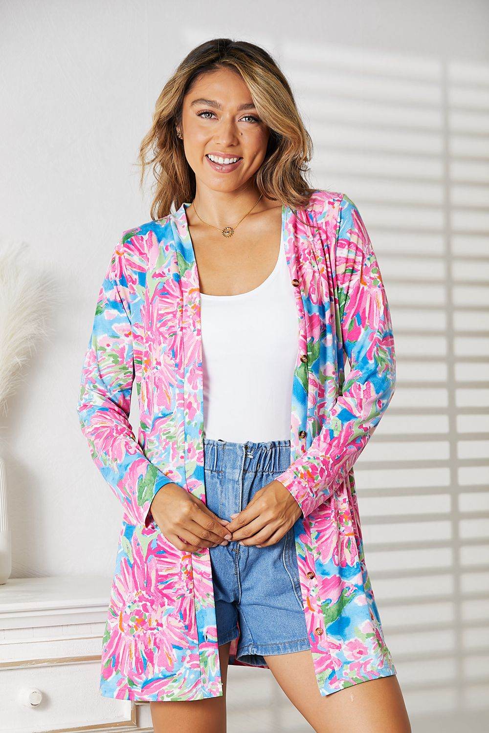 Double Take Floral Open Front Long Sleeve Cardigan - IntuitiveEncBoutique