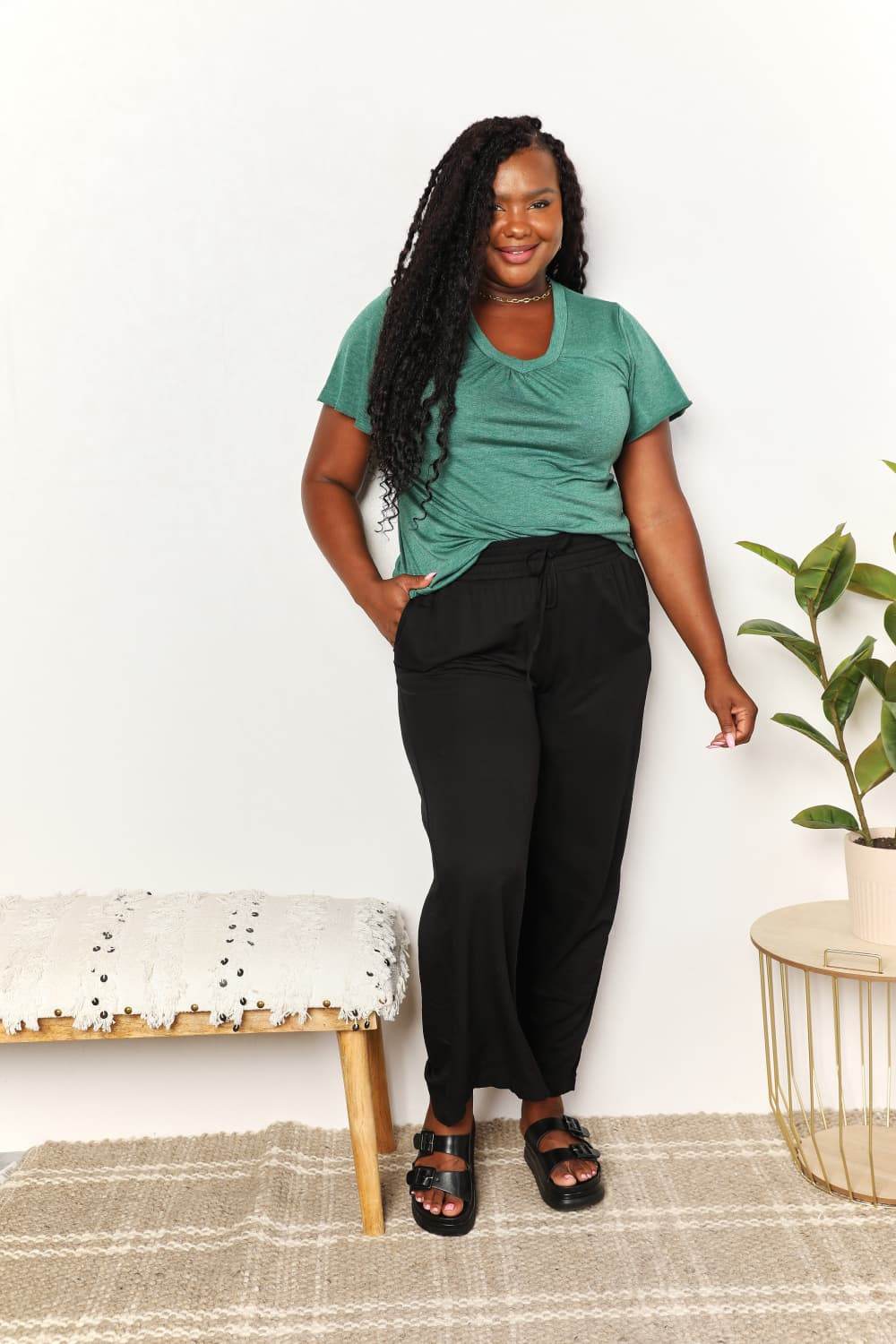 Double Take Ruched V-Neck Short Sleeve T-Shirt - IntuitiveEncBoutique