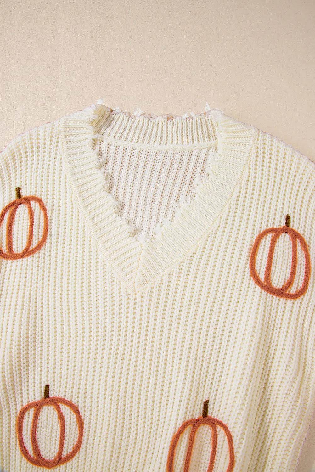 Raw Hem Pumpkin V-Neck Long Sleeve Sweater - IntuitiveEncBoutique