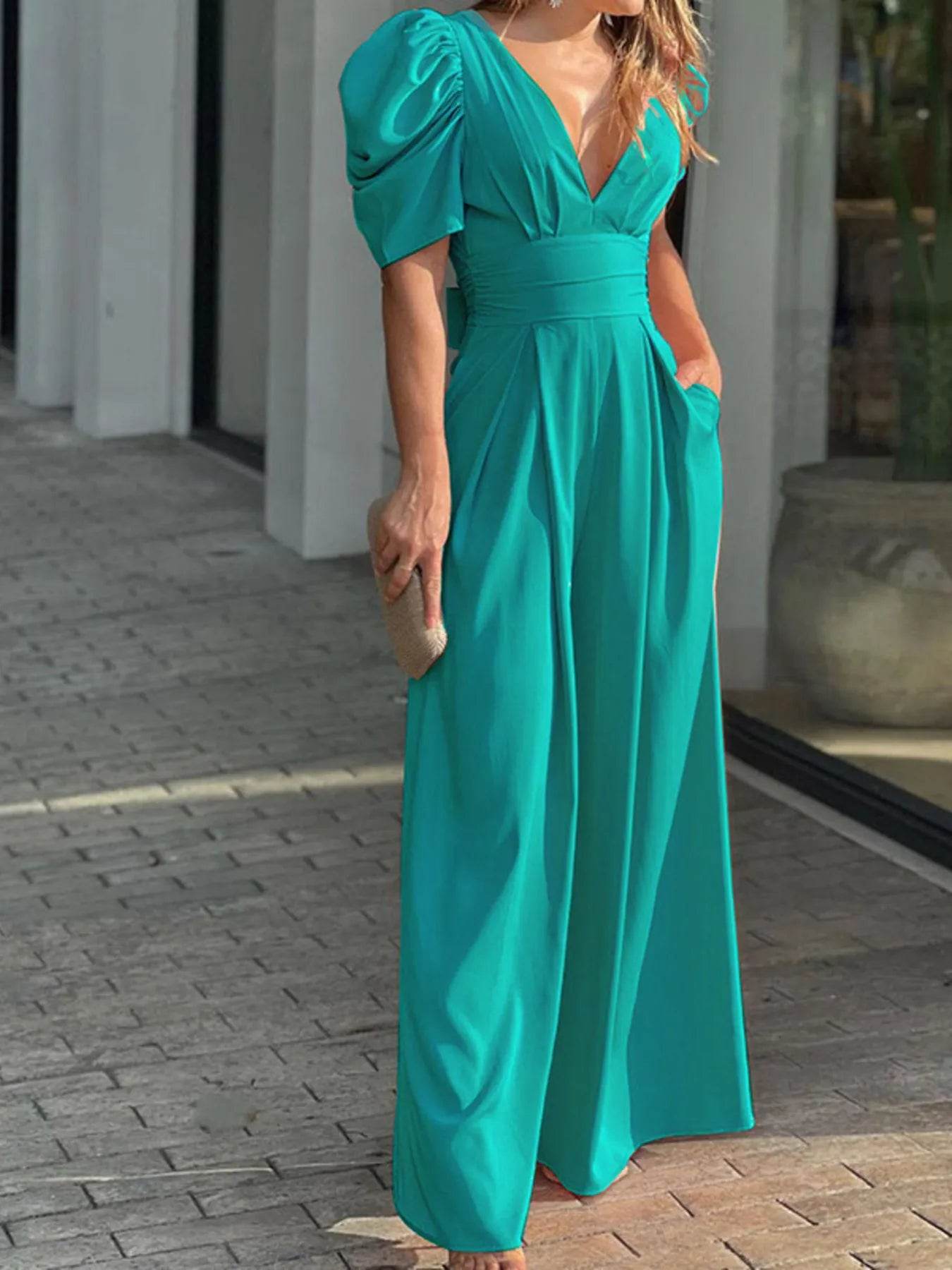 Full Size Cutout V-Neck Puff Sleeve Jumpsuit Plus Size - IntuitiveEncBoutique
