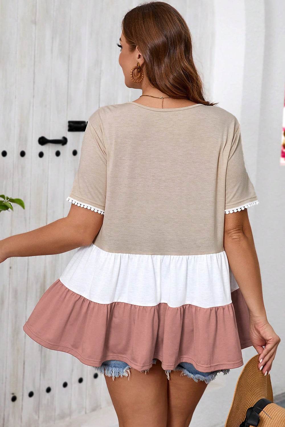 Beige Plus Size Color Block Lace Trim Ruffled Blouse - IntuitiveEncBoutique