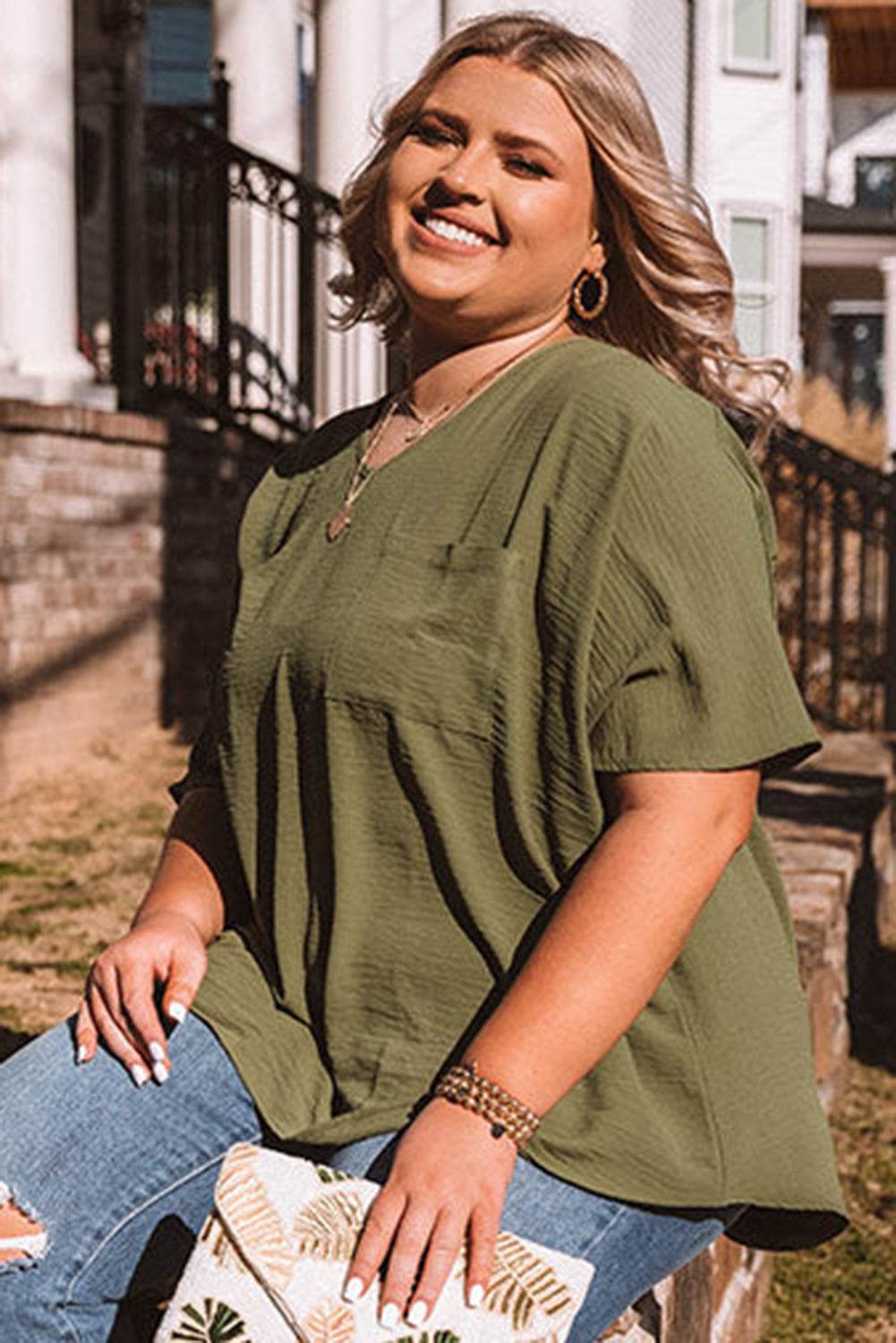 Four Leaf Clover Textured Half Sleeve V Neck Plus Size T Shirt with Chest Pocket - IntuitiveEncBoutique