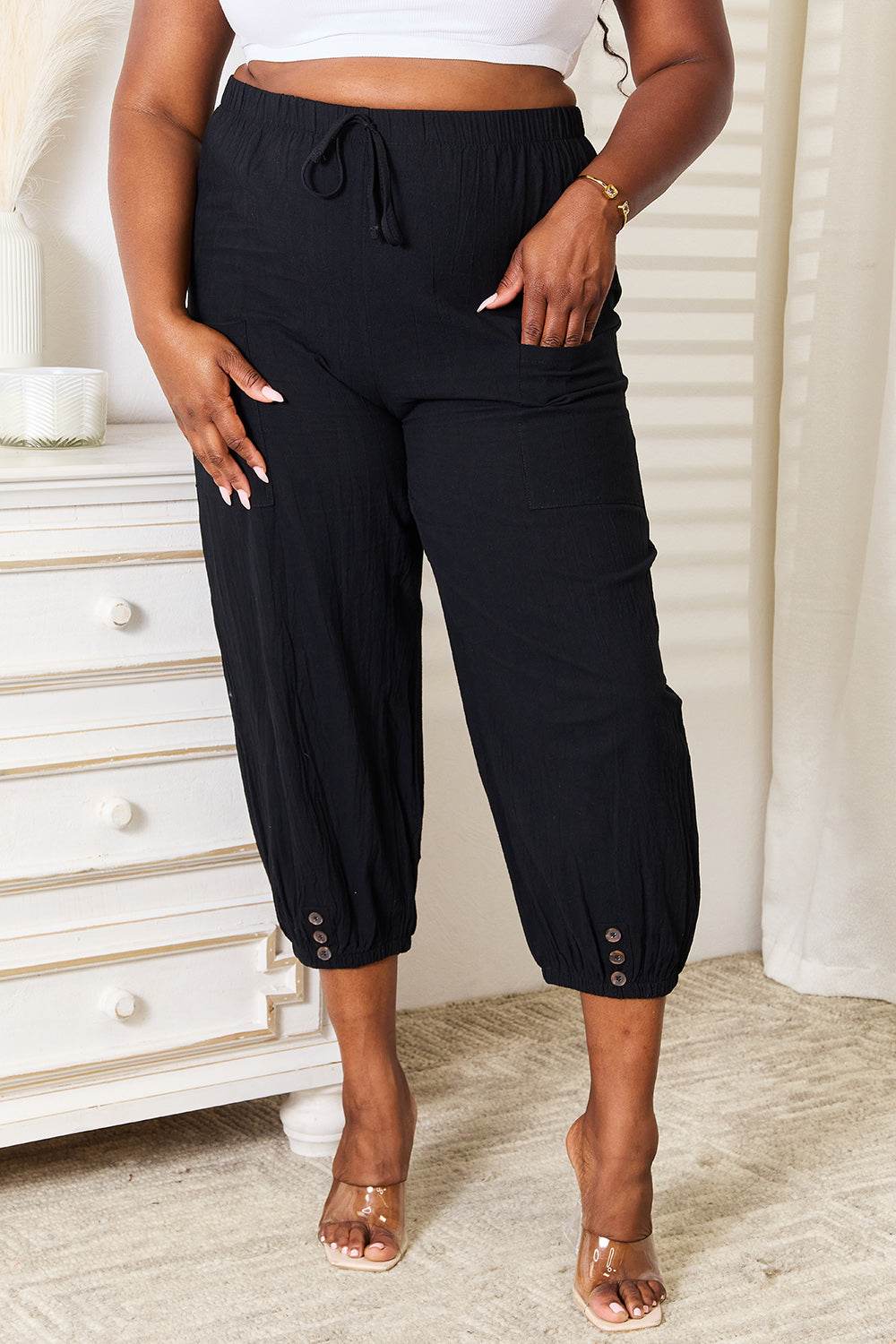 Shiny Decorative Button Cropped Pants - IntuitiveEncBoutique