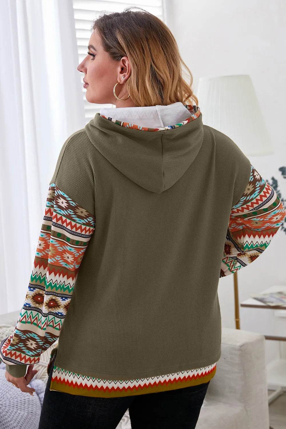 Plus Size Waffle-Knit Geometric Dropped Shoulder Hoodie - IntuitiveEncBoutique