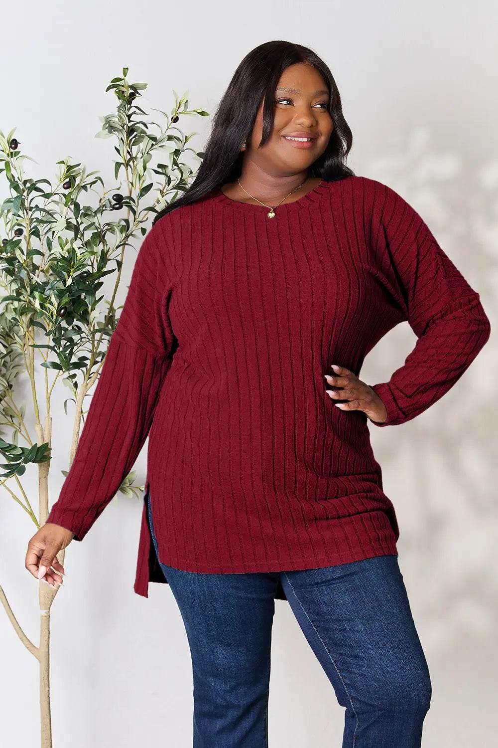 Basic Bae Full Size Ribbed Round Neck Long Sleeve Slit Top - IntuitiveEncBoutique