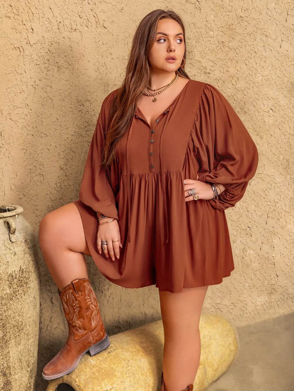 Plus Size Ruched Tie Neck Balloon Sleeve Romper - IntuitiveEncBoutique