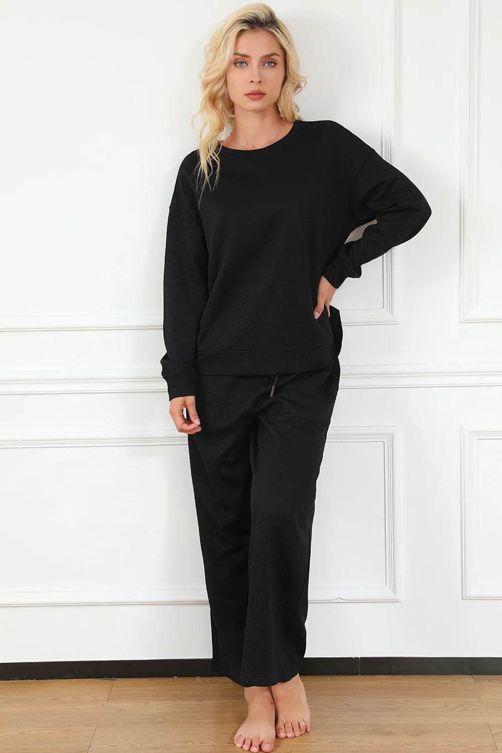 Double Take Full Size Textured Long Sleeve Top and Drawstring Pants Set - IntuitiveEncBoutique