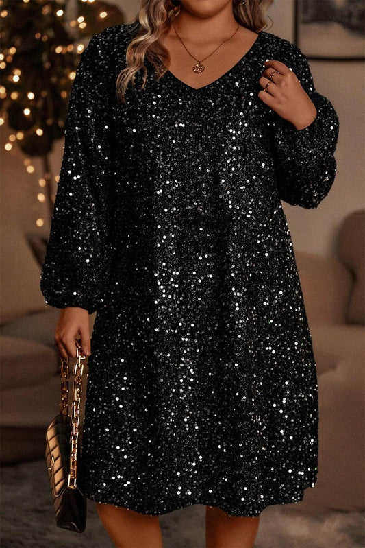 Color black Plus Size Bubble Sleeve V Neck Sequin Dress - IntuitiveEncBoutique