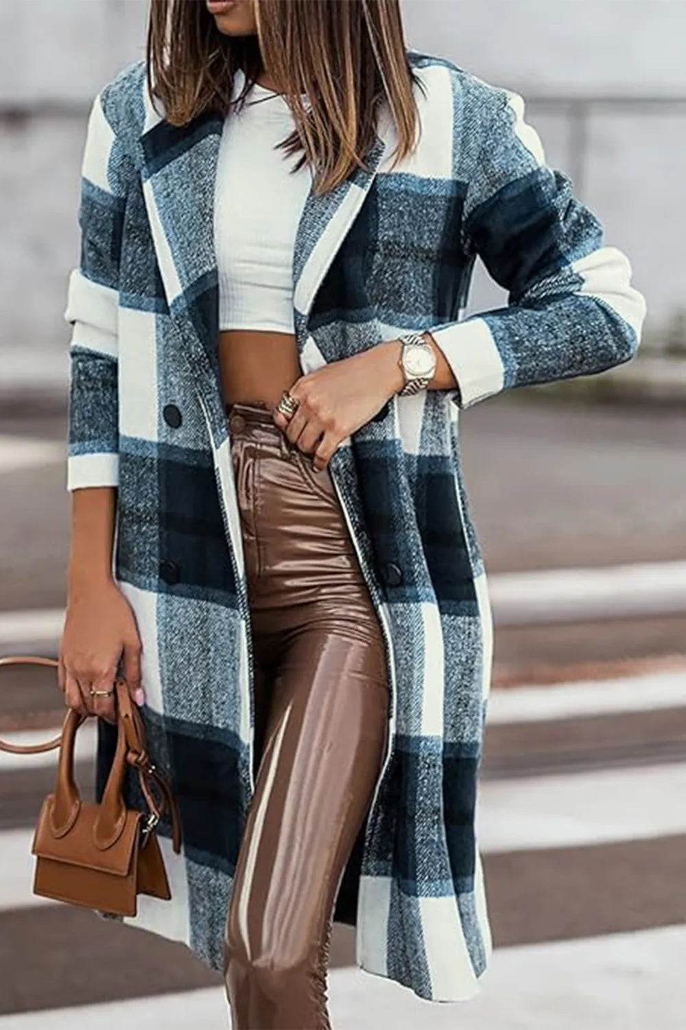 Double Take Full Size Plaid Button Up Lapel Collar Coat - IntuitiveEncBoutique